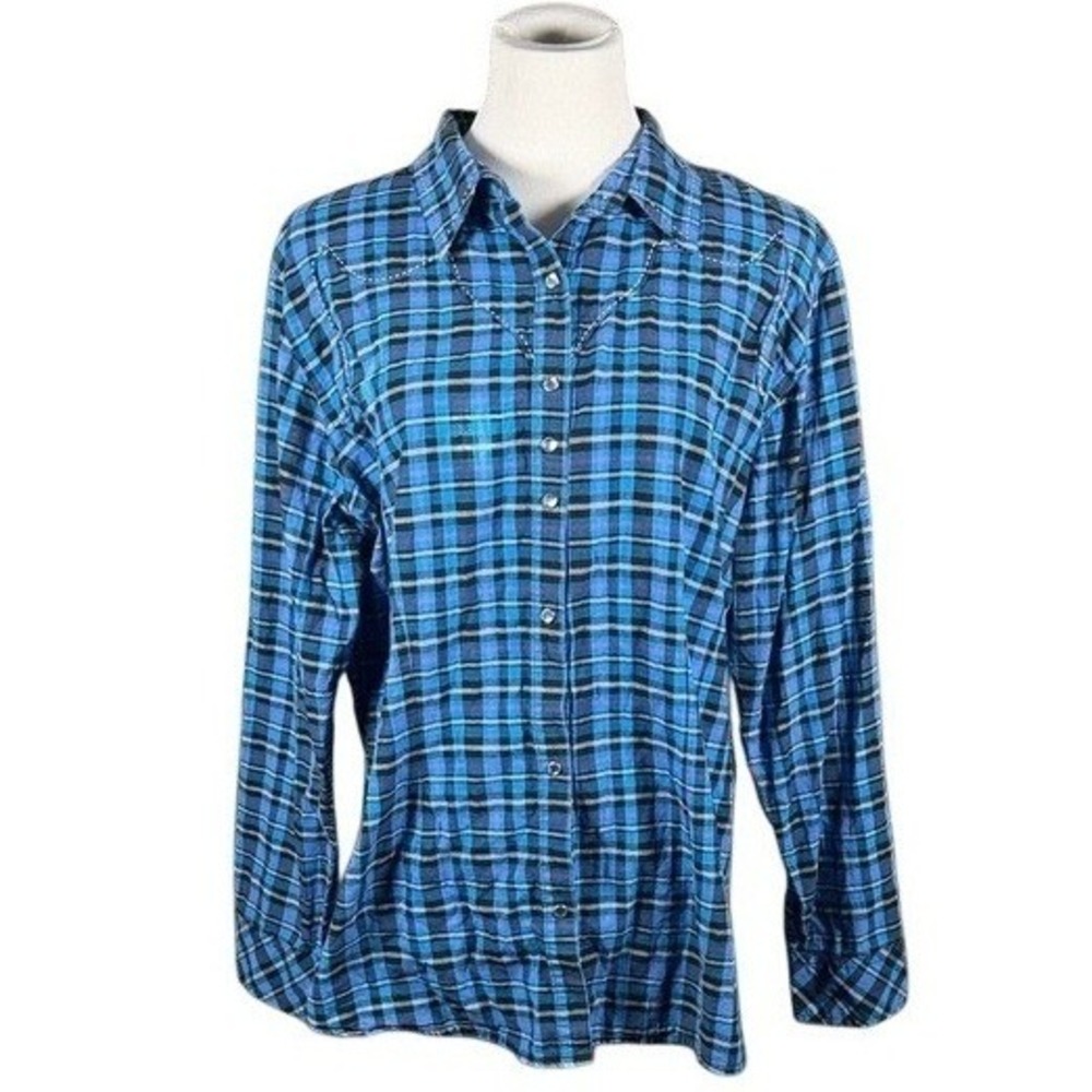Rock 47 by Wrangler Womens XXL Blue‎ Plaid Embroidered Cross Western Snap Shirt